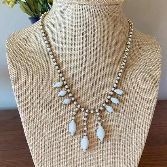 Vintage White Milk Glass Rhinestone Necklace - Picture 1 of 5